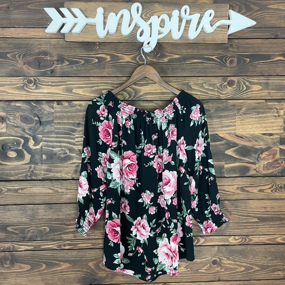 NY Collection | Smocked Off Shoulder Balloon Puff Sleeve Rose Floral Print Top - Picture 5 of 7